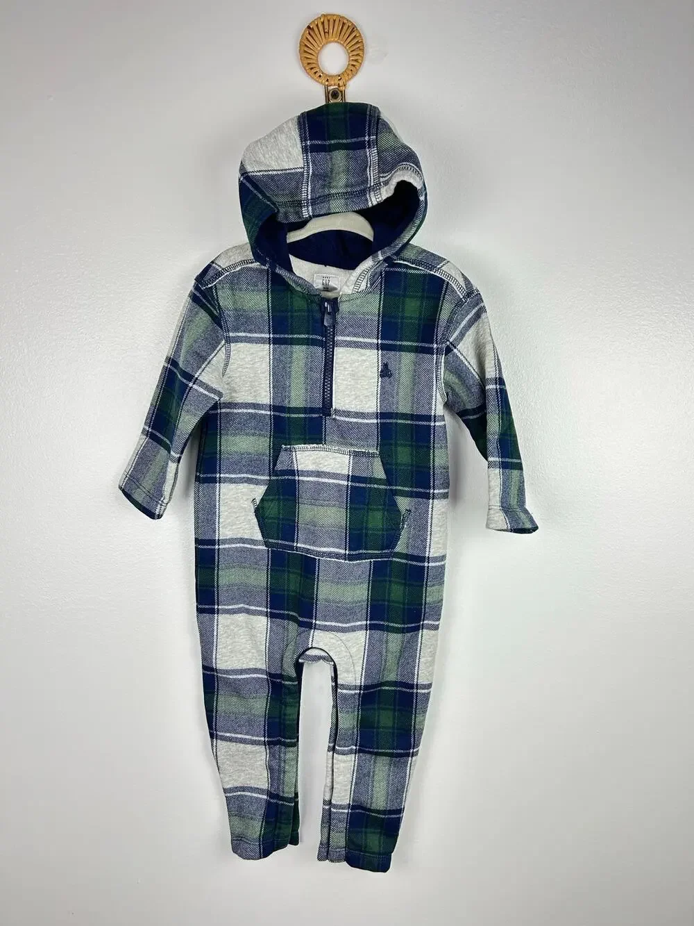 Baby Gap Navy Green Plaid Hooded One-Piece Outfit Embroidered Bear 18-24 Months